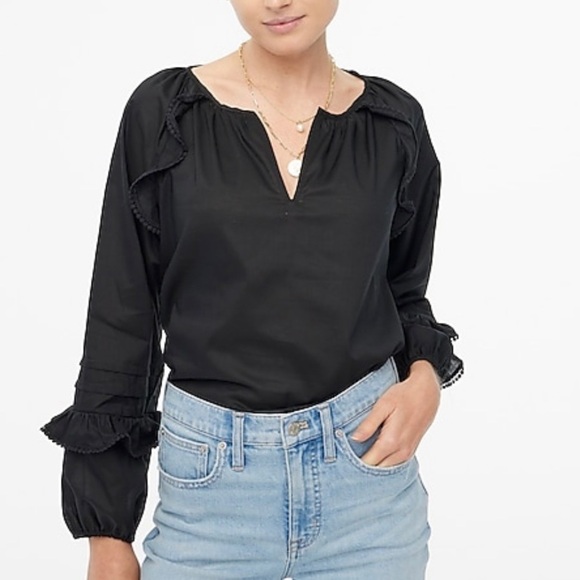 NWT J. Crew ruffle sleeves peasant top Xs black - Picture 1 of 7